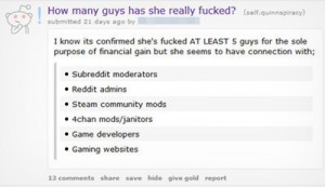 A reddit post about all of the people Quinn allegedly had sex with in order to get her game on certain platforms and to get it good reviews as well.